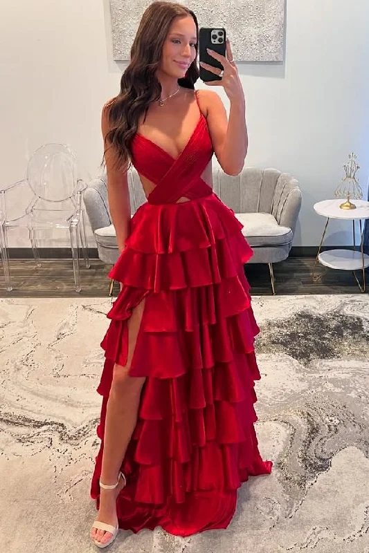 Flash Sale Burgundy Spaghetti Straps V-Neck Layered Satin Prom Dress with Slit