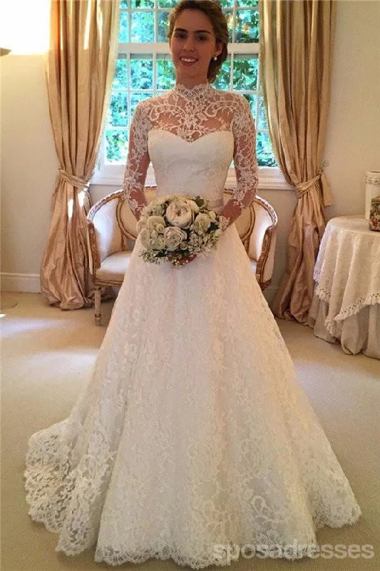 Best Bargains Long Sleeve High Neckline Lace A line Wedding Dresses,  Sexy Open Back Custom Wedding Gowns, Affordable Bridal Dresses, 17106