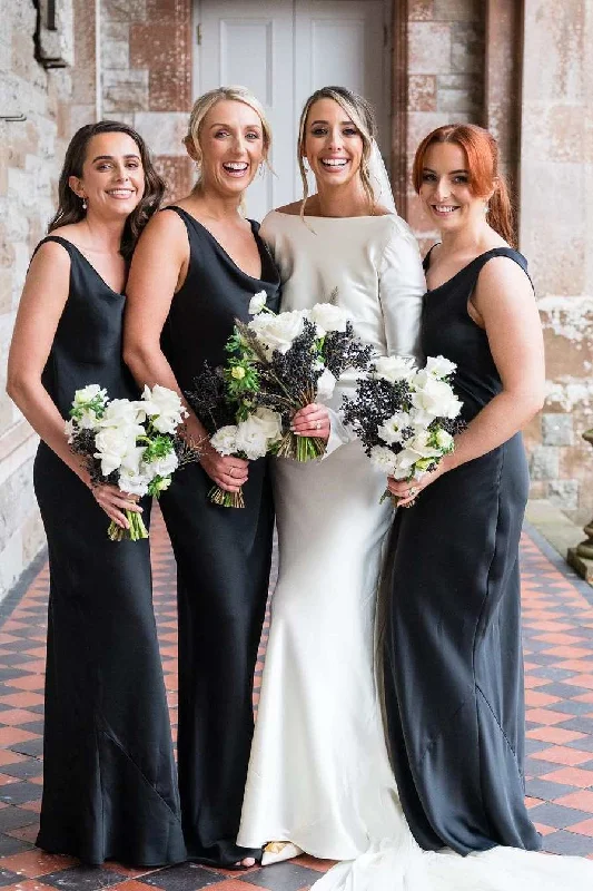 Super Deal Elegant Black Straps Cowl Neck Satin Sleeveless Long Bridesmaid Dress