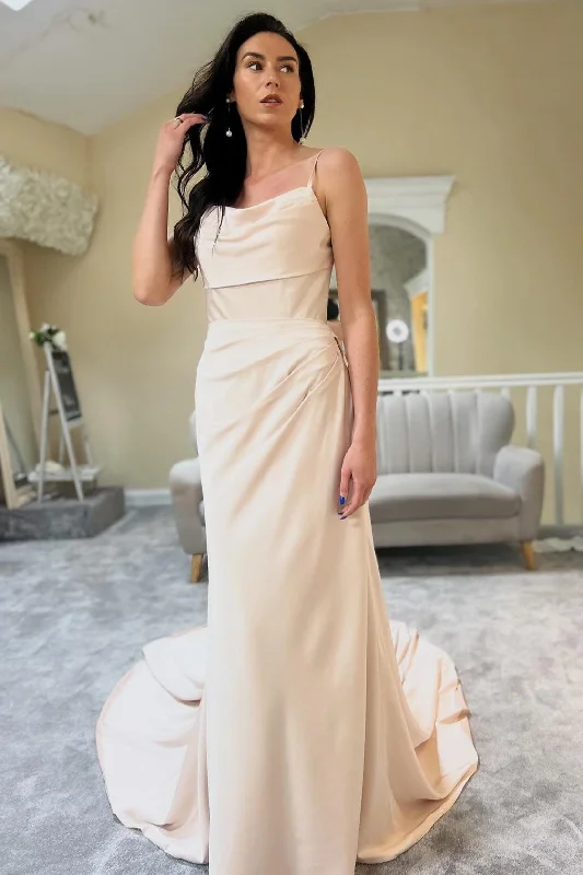 YEAR-End Sale Champagne Cowl-Neck Sheer Back Long Wedding Dress