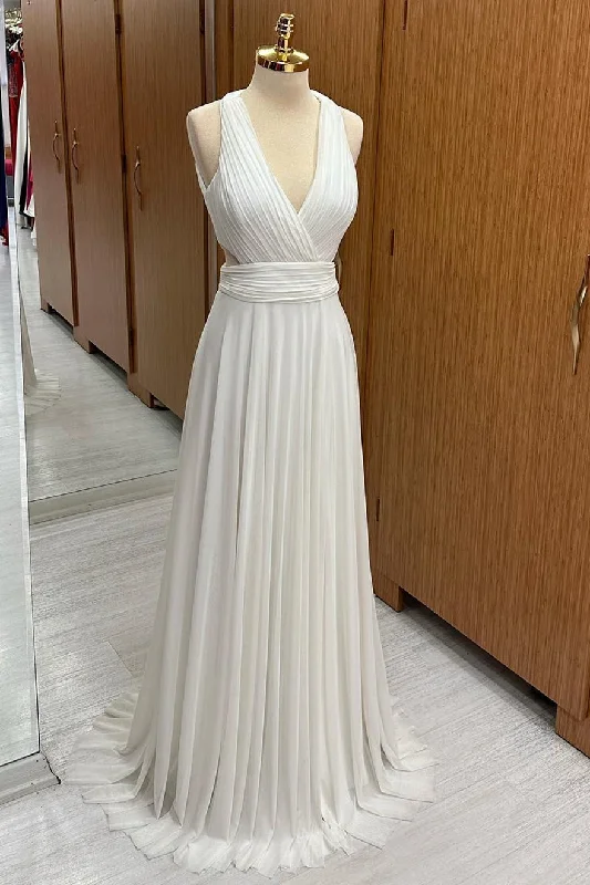 Deal Dash White Halter Cutout Chiffon Wedding Guest Dress