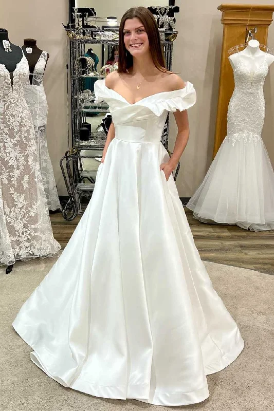 Savings Spectacular White Off-the-Shoulder Ruffled A-Line Long Wedding Dress