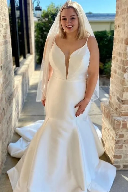 Huge Discounts White Satin Plunge V Backless Trumpet Wedding Dress