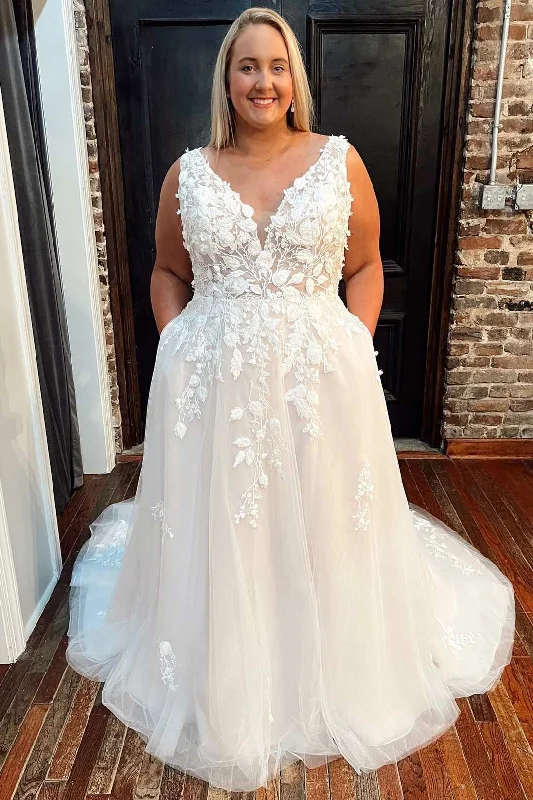 Crazy Deals White Floral Lace V-Neck A-Line Wedding Dress with Pockets