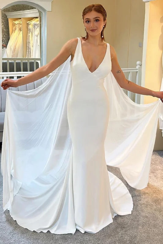Savings Spectacular White Plunge V Mermaid Long Wedding Dress with Detachable Cape