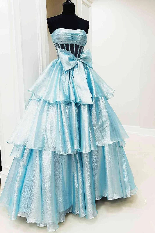 Today Only A-Line Strapless Empire-Waist Tiered Sleeveless Long Prom Dress with Bow