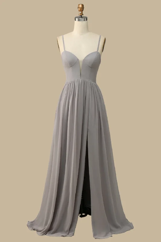 Steals and Deals Gray Corset Cutout Back Chiffon Maxi Dress