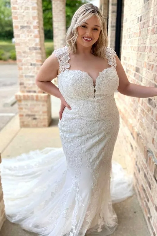 Deal of the Week White Lace Sweetheart Sheer Back  Mermaid Long Wedding Dress