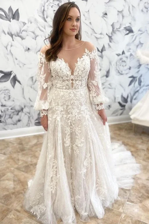 Price Smash White Appliques Round Neck Long Sleeve A-Line Wedding Dress