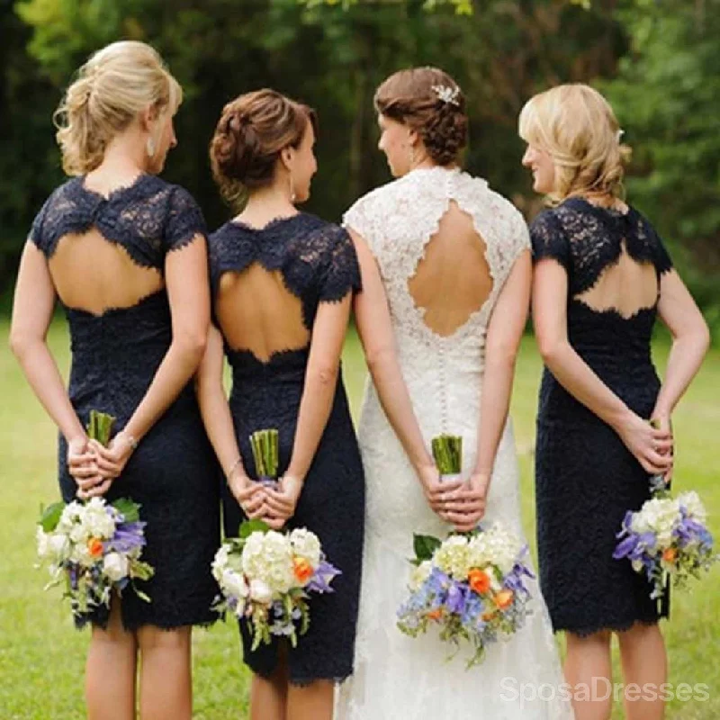 Mega Sale Charming Elegant Lace Navy Blue Knee-Length Cheap Bridesmaid Dresses, WG095