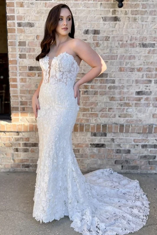 Referral Discount White Floral Lace Strapless Mermaid Long Wedding Dress