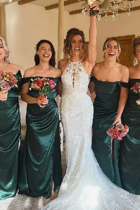 Mega Sale Green Off-Shoulder Satin Pleated Long Bridesmaid Dress with Slit