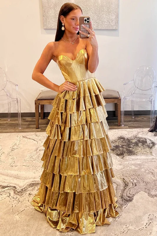 Price Smash A-Line Metallic Empire-Waist Sweetheart Ruffle Tiered Long Prom Dress