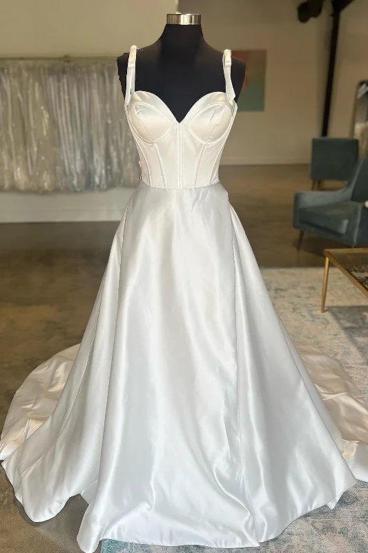 Mega Sale White Sweetheart Bow-Strap A-Line Long Wedding Dress