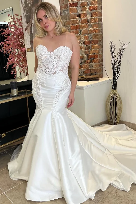 Seasonal Sale White Satin Lace Strapless Trumpet Long Wedding Dress