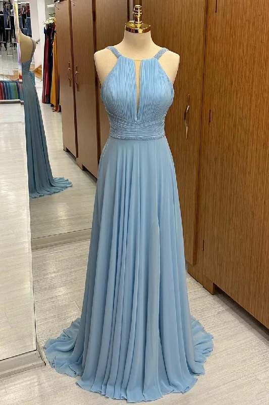 Final Clearance Light Blue Plunging V Beaded Chiffon Wedding Guest Dress