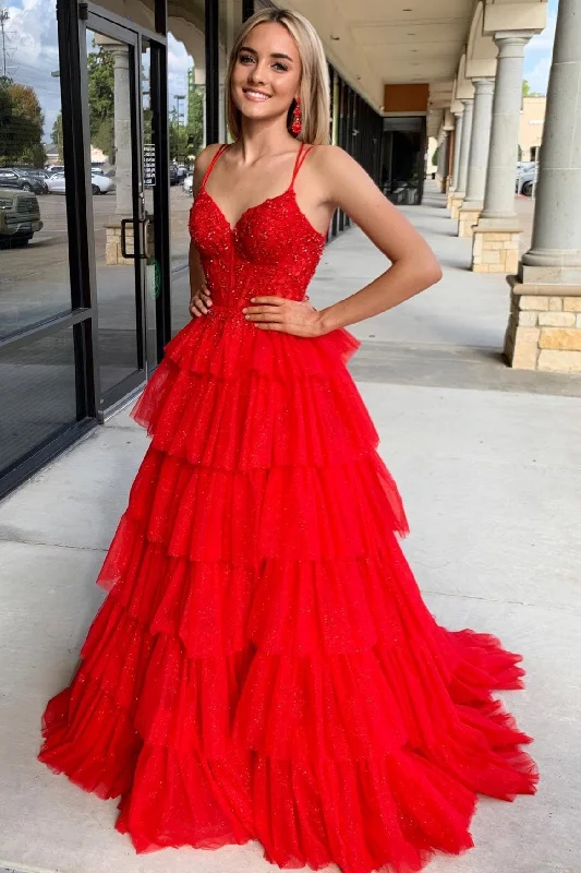 Closeout Tiered Ruffle Appliques Corset Long Prom Dress with Spaghetti Straps