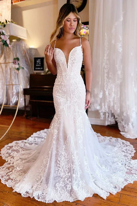 Weekend Deal White Lace Plunge V Backless Trumpet Long Wedding Dress