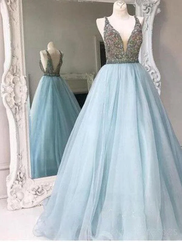 Don't Miss Light Blue Backless A line Evening Prom Dresses, Sexy Deep V neckline Party Prom Dress, 17048