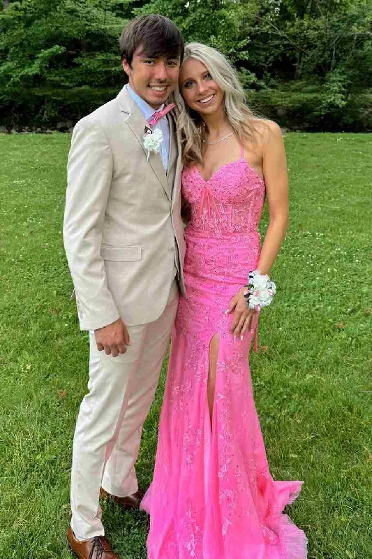 Don’t Miss Out Pink Straps Mermaid Lace Appliques V-Neck Long Prom Dress with Slit
