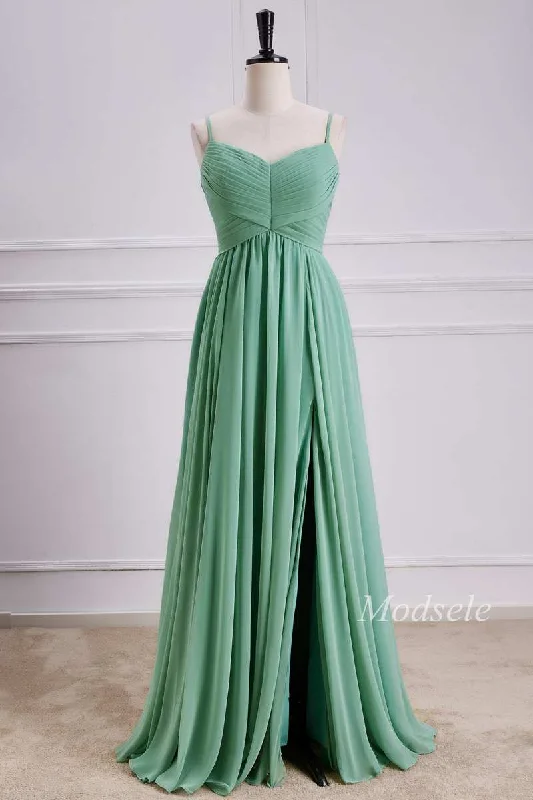 Hurry In Sage Chiffon Spaghetti Strap Maxi Dress with Slit