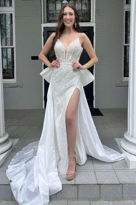 New Deals White Glitter Lace Plunge V Mermaid Wedding Dress with Attached Train