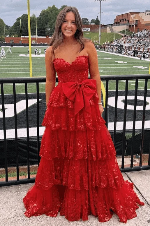 Deal of the Day Strapless A-Line Sequins Appliques Tiered Long Prom Dress with Bow