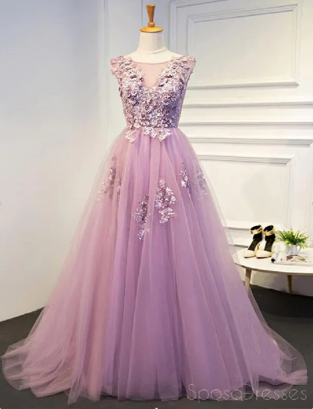 Clearance Event Pink Lace Beaded A line Tulle Evening Prom Dresses, Cheap Party Prom Dresses, 17142