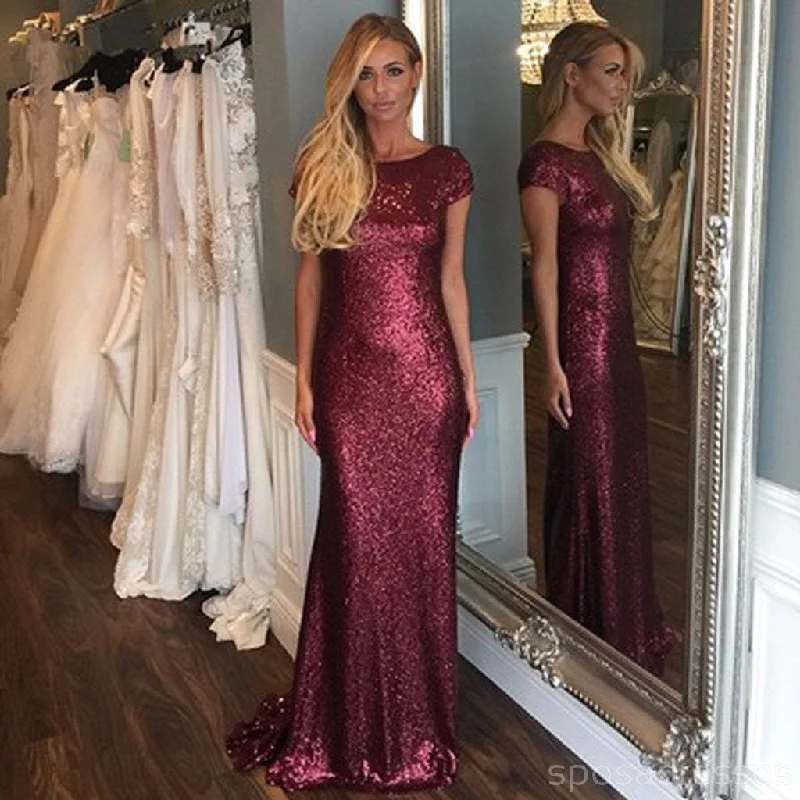Don't Wait Short Sleeve Mermaid Sexy Sequin Long Cheap Bridesmaid Dresses, BM755