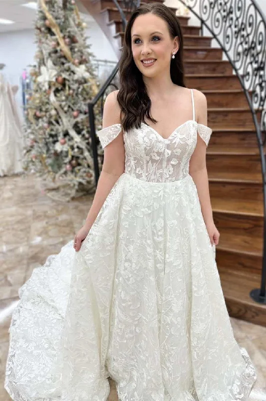Final Markdown White Floral Lace Cold-Shoulder A-Line Bridal Gown