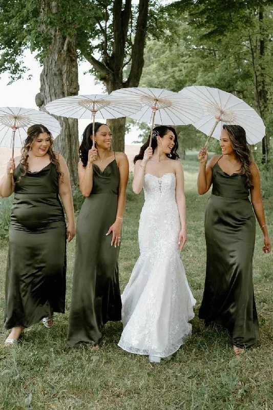Crazy Savings Olive Cowl Neck Spaghetti Straps Satin Pleated Long Bridesmaid Dress