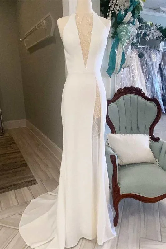 Mega Sale White Halter Open Back Mermaid Long Wedding Dress