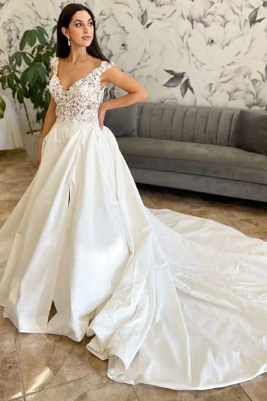 Lowest Price White Lace Satin Off-the Shoulder Backless Bridal Gown