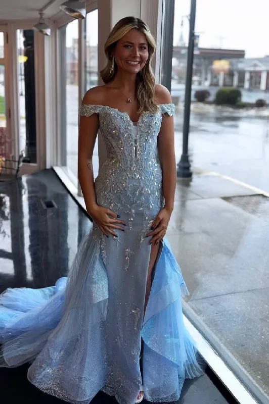 Price Drop Off-Shoulder V-Neck Appliques Mermaid Long Formal Prom Dress with Slit