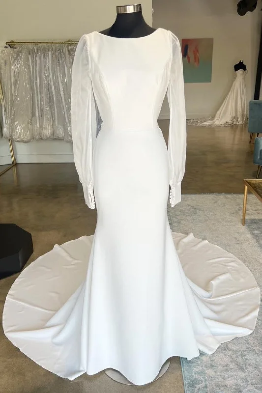 Special Price White Open Back Long Wedding Dress with Long Sleeves