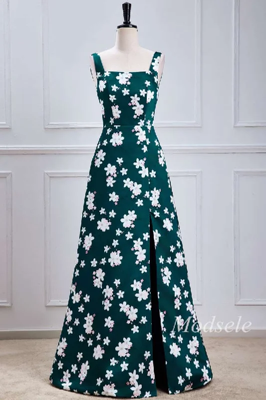 Don't Miss Emerald Print Square Neck Maxi Dress with Slit