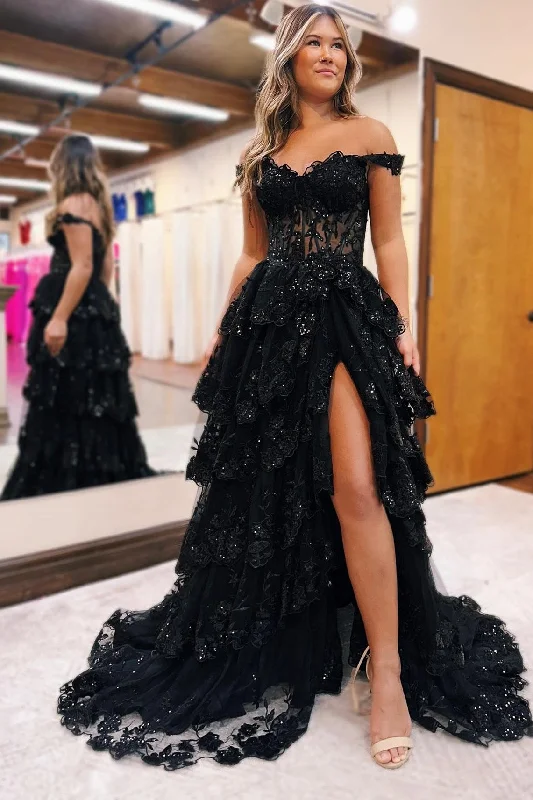 Fantastic Offers A-Line Appliques Off-the-Shoulder Ruffle Empire-Waist Sleeveless Long Prom Dress