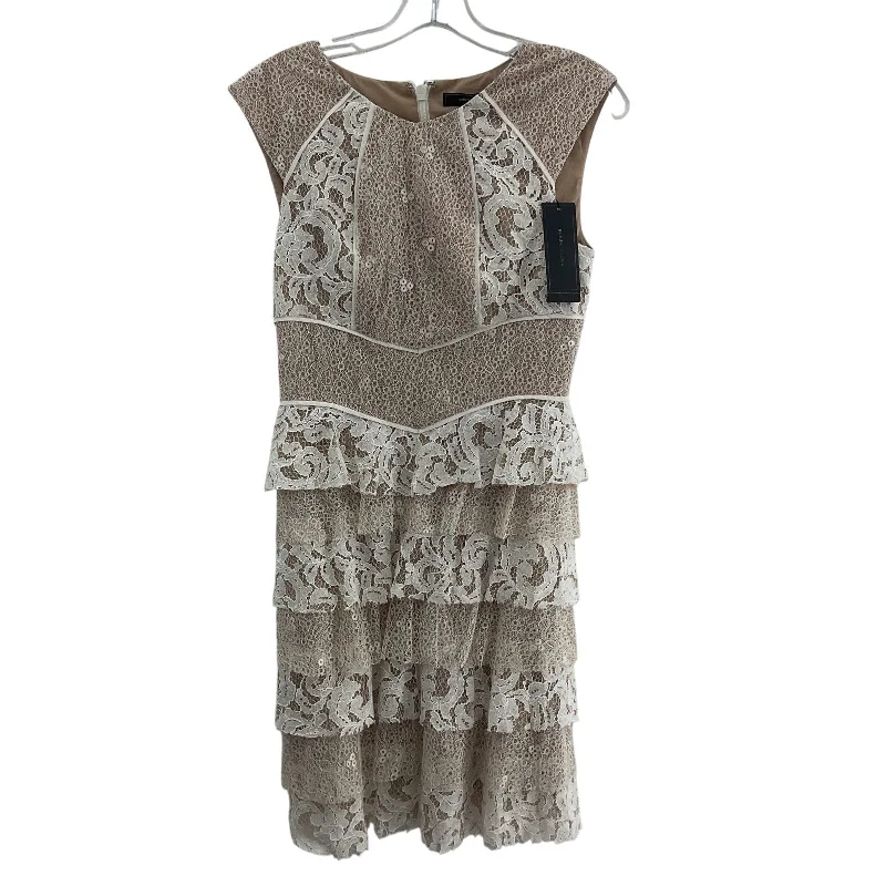 Deep Discounts BCBGMAXAZRIA Midi Women's Ruffle Floral Lace Sheath Dress Beige/White Size 4 NWT