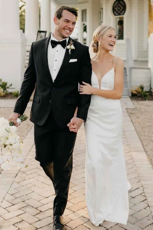 Special Promotion Simple White Satin Plunge Neck Backless Sheath Wedding Dress
