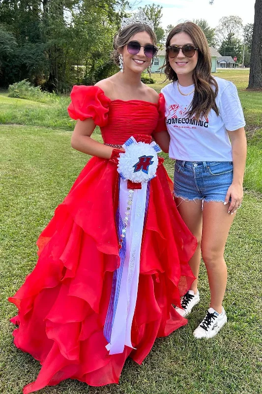 Friends and Family Sale Red Off-the-Shoulder Puff Sleeve Multi-Layer Long Prom Dress Friends and Family Sale Red Off-the-Shoulder Puff Sleeve Multi-Layer Long Prom Dress