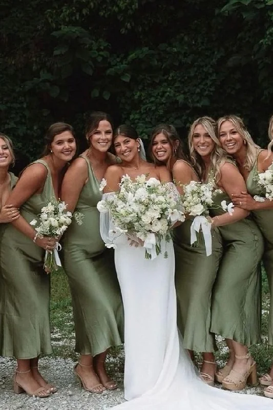 One-DAY Sale Olive V-Neck Straps Satin Sleeveless Pleated Bridesmaid Dress