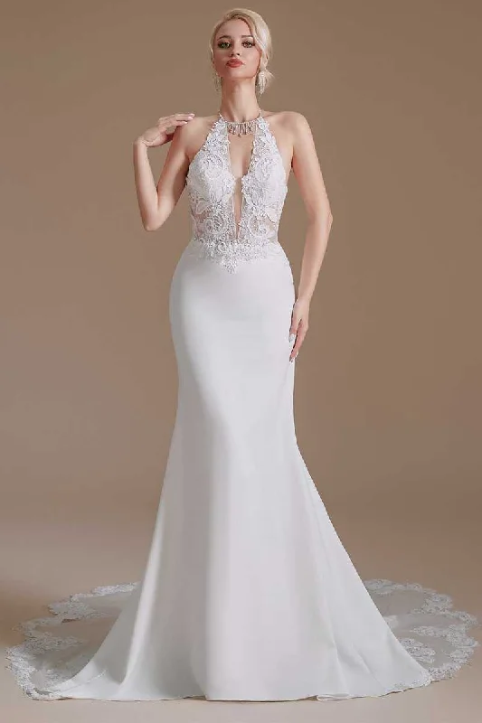 Lowest Price White Lace Halter Tassel Backless Mermaid Long Wedding Dress