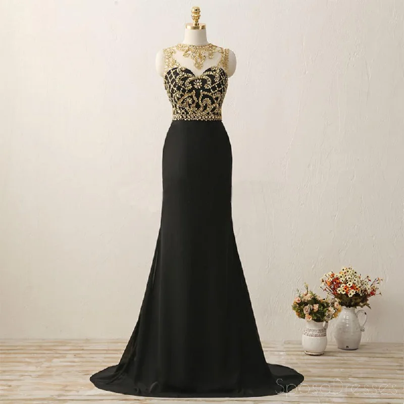 New Markdowns Long Black See Through Mermaid Gold Beaded Evening Prom Dress, Popular Sexy Party Prom Dresses, Custom Long Prom Dresses, Cheap Formal Prom Dresses, 17161
