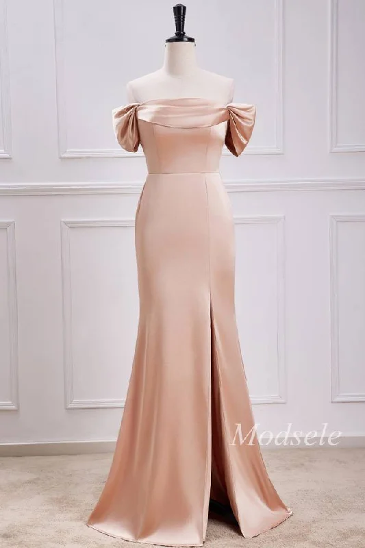 Act Now Champagne Off-the-Shoulder Mermaid Maxi Dress with Slit