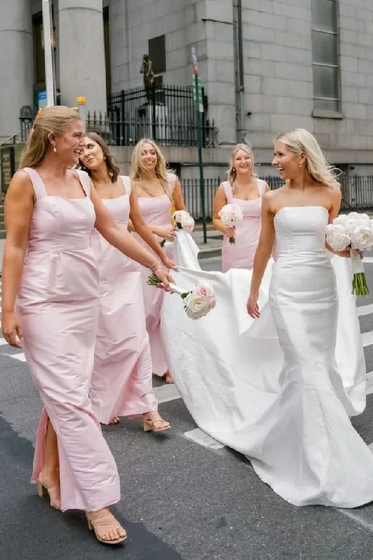 Deep Discounts Pink Straps Square Neck Satin Sleeveless Long Bridesmaid Dress