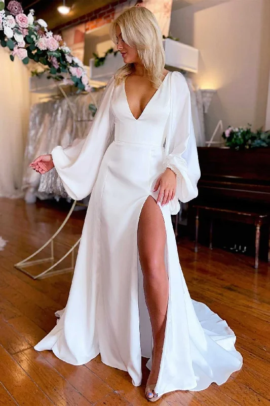 Loyalty Reward White V-Neck Long Sleeve Backless Long Wedding Dress with Slit