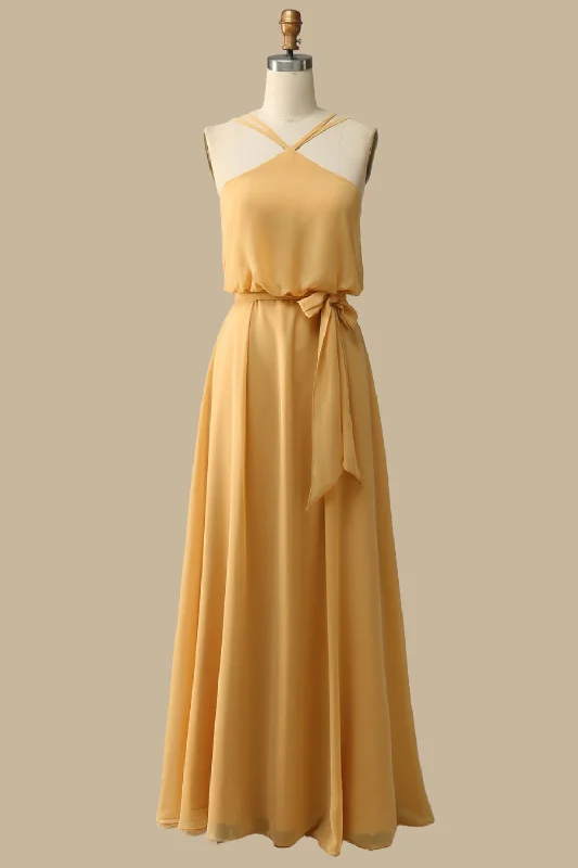 Reduced Prices Blouson-Style Halter Chiffon Maxi Dress in Mustard Yellow