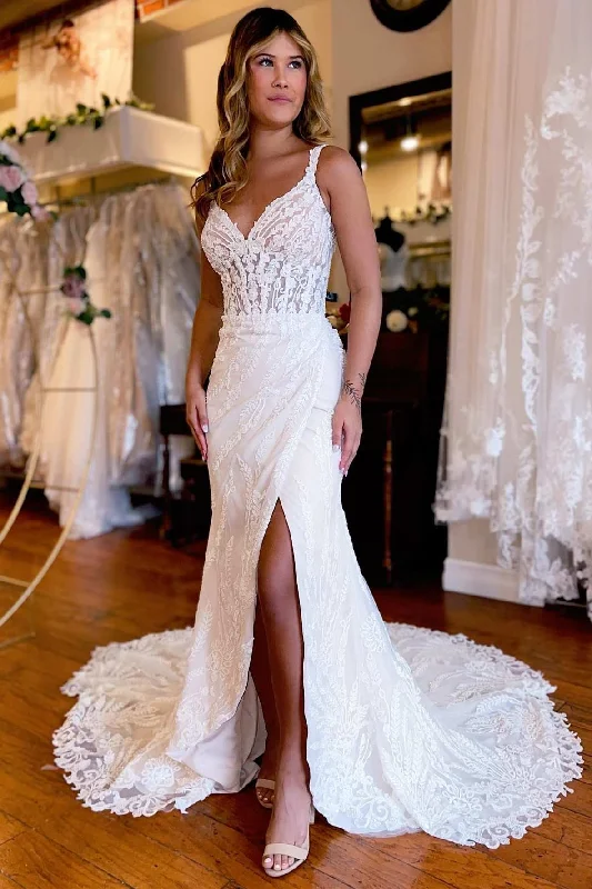 Deal Frenzy White Lace Queen Anne Mermaid Long Wedding Dress with Slit