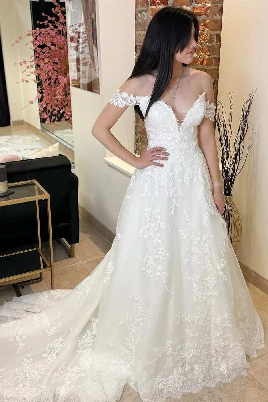 Can't Be Beat White Appliques Off-the-Shoulder Sheer Back Long Wedding Dress