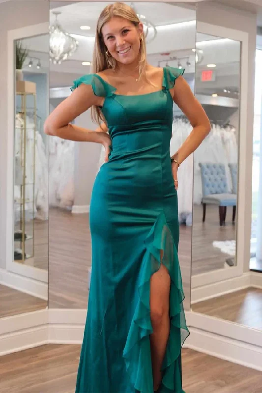 Special Price Green Mermaid Straps Scoop Pleated High Slit Long Prom Formal Dress